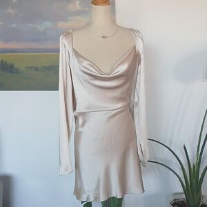 Princess Polly Blush Ivory Satin Cowl Mini Dress With Long Sleeves Sz 14